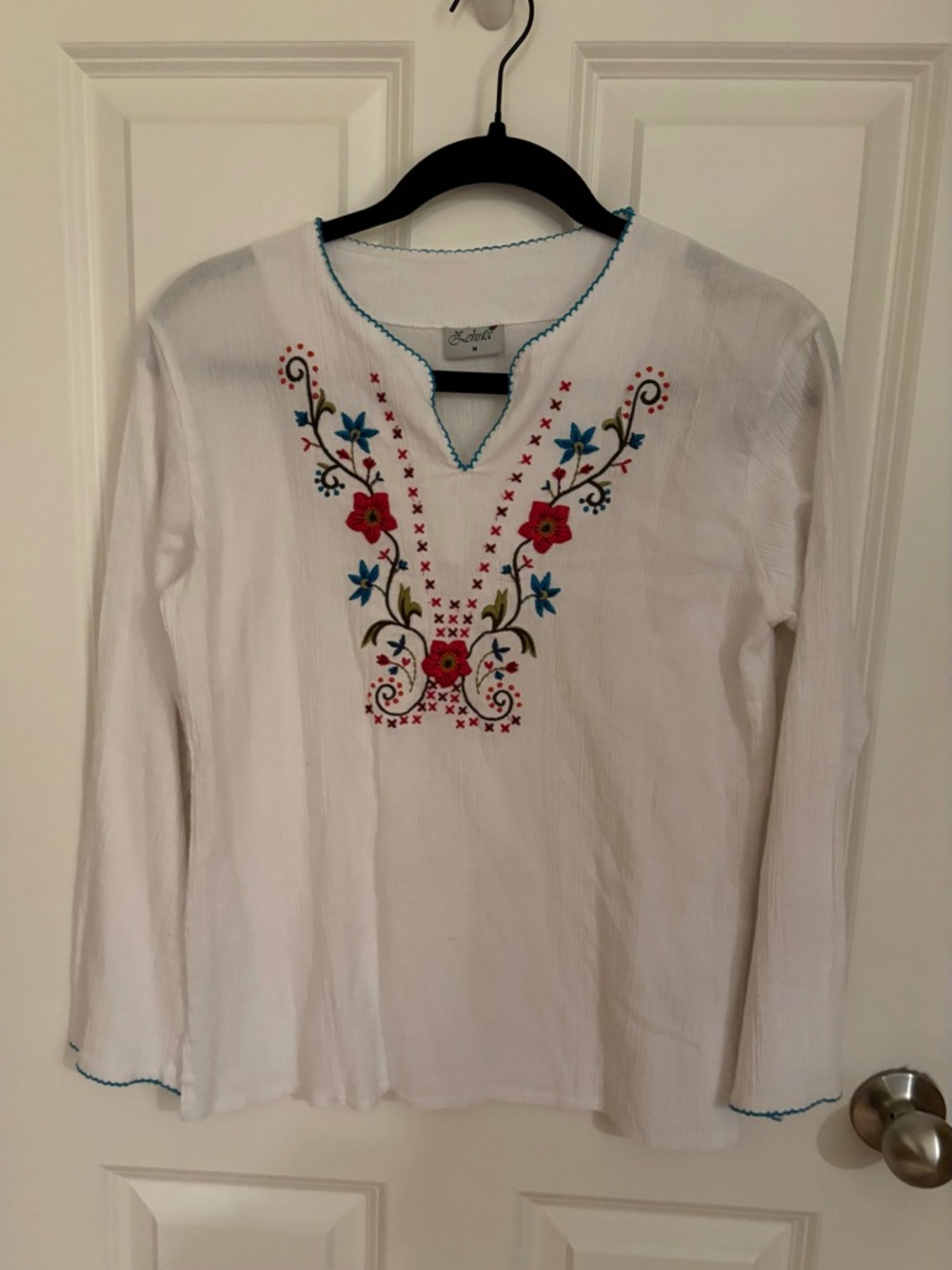 White Embroidered V-Neck Tunic with Red & Blue Floral Accents